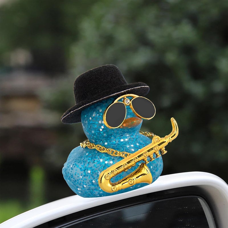 wonuu Car Dashboard Ducks, Saxophone Decor Rubber Duck Car Ornaments with Mini Top Hat Necklace Sunglasses (Light Blue) - Image 3